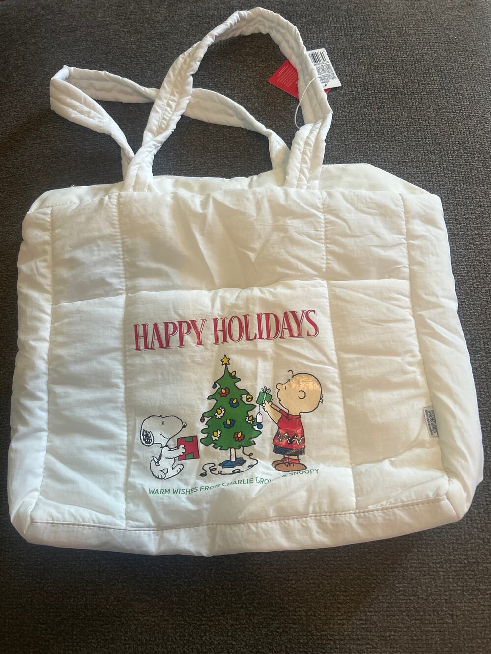 Peanuts White Quilted Zipper Charlie Brown Snoopy Happy Holidays Tote Bag NWT